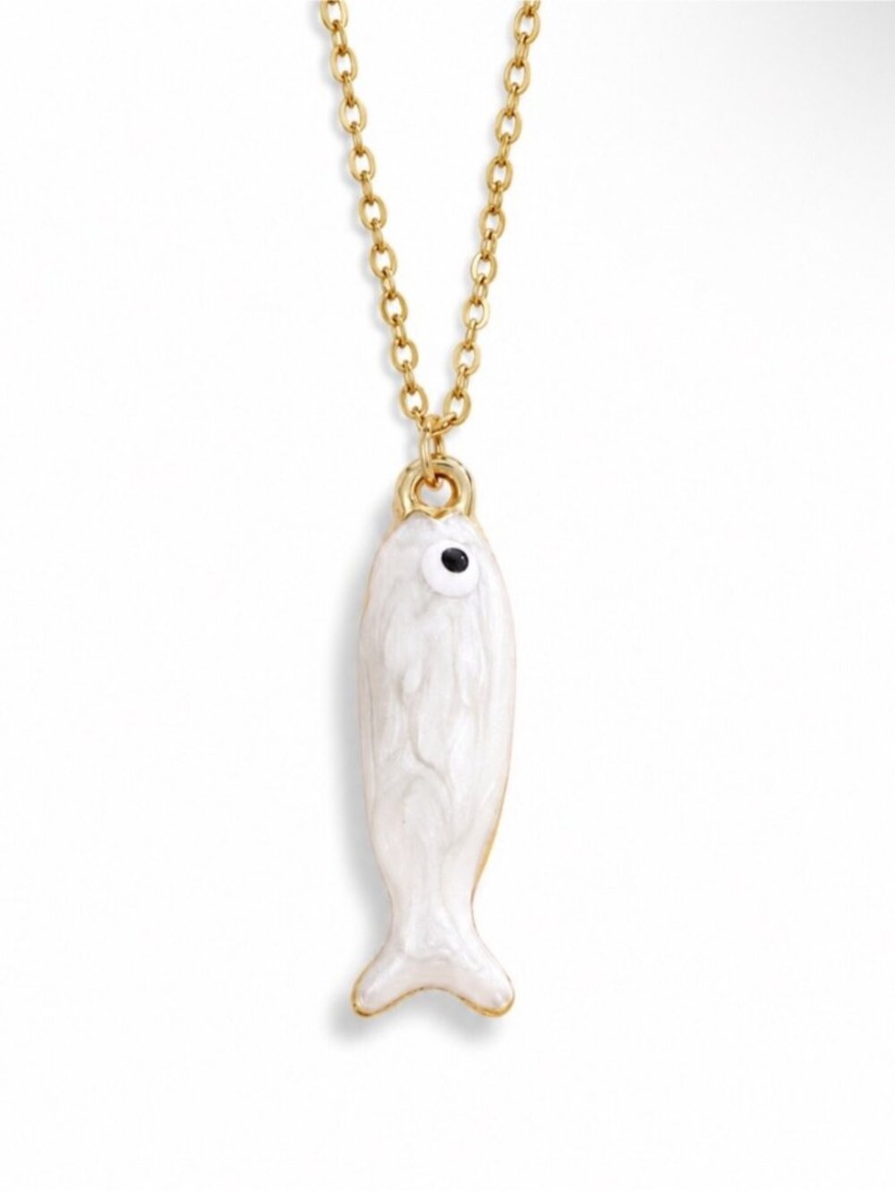 New! Coastal White Hand Painted Gold Fish Sardine Charm Necklace (4018) NWOT